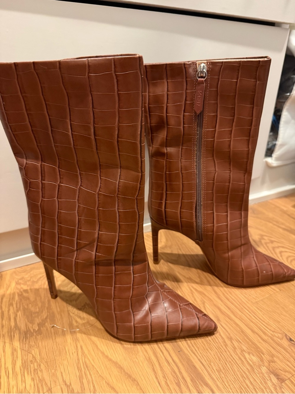 SCHUTZ Croc-Embossed Pointed-Toe Stiletto Mid-Calf Boots in Saddle Brown